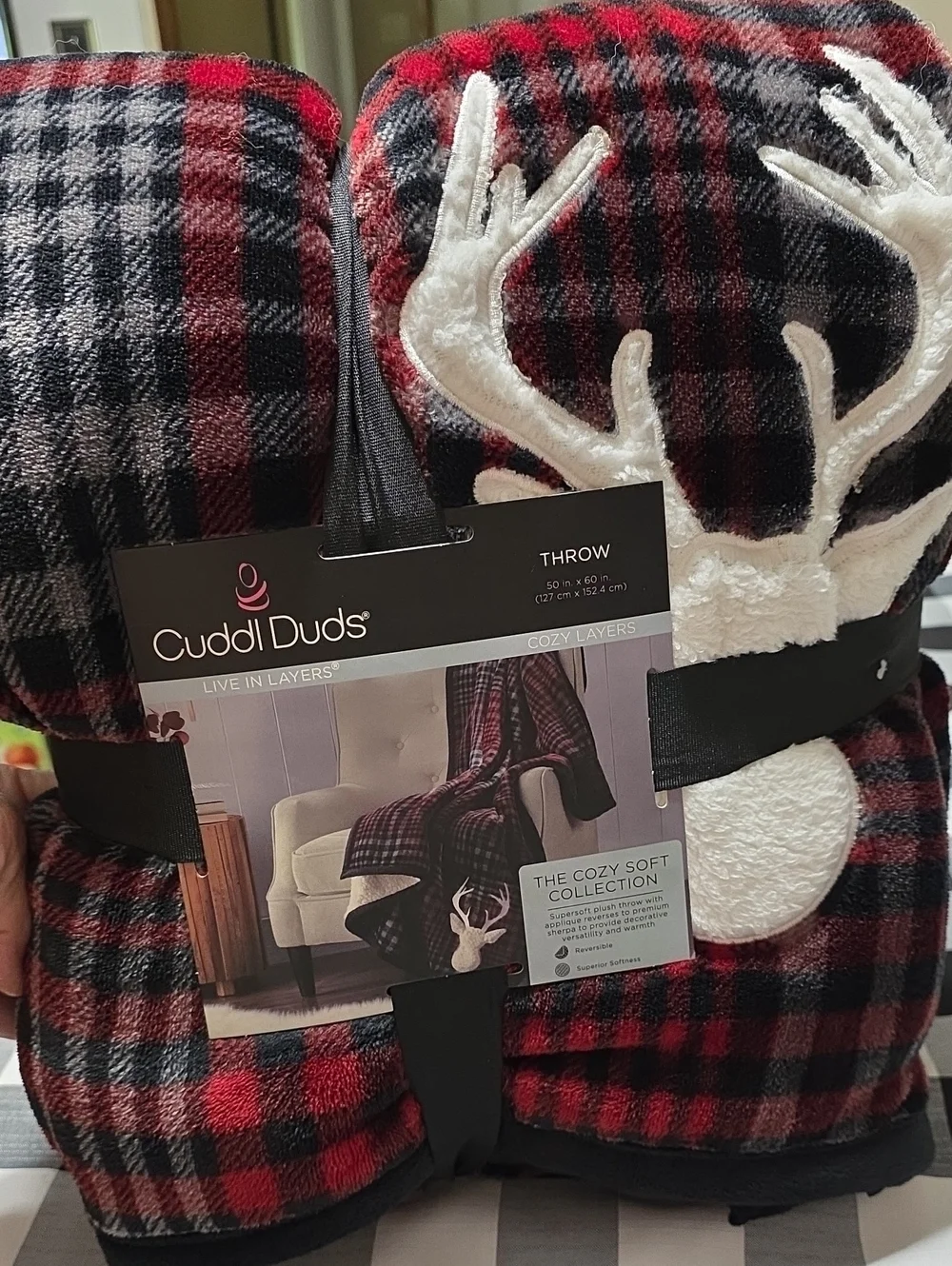 Cuddl Duds Red & Black Plaid Reindeer Throw Blanket
